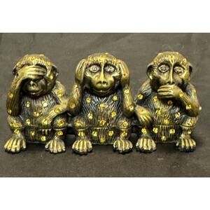 Milton & Lorie 3 Wise Monkeys Bejeweled Trinket Box See Hear Speak No Evil Gold